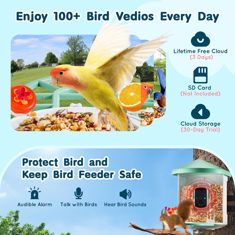 Smart Bird Feeder with Camera Solar Panel AI Identify Birds APP Wi-Fi