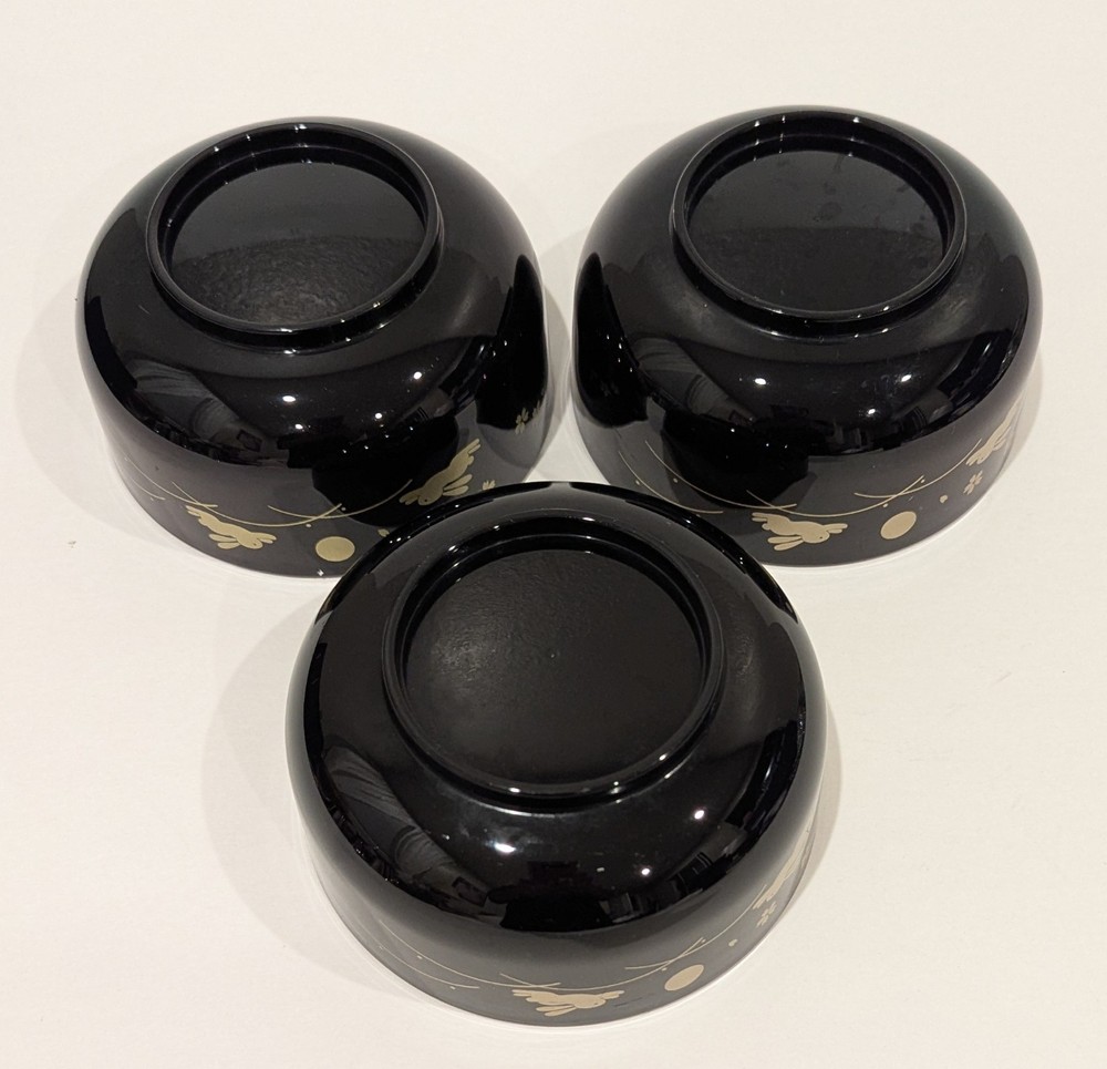 7 Black & Gold Lacquer Footed Bowls 5" Bunny Moon Pattern & Mixed, Lacquer Style