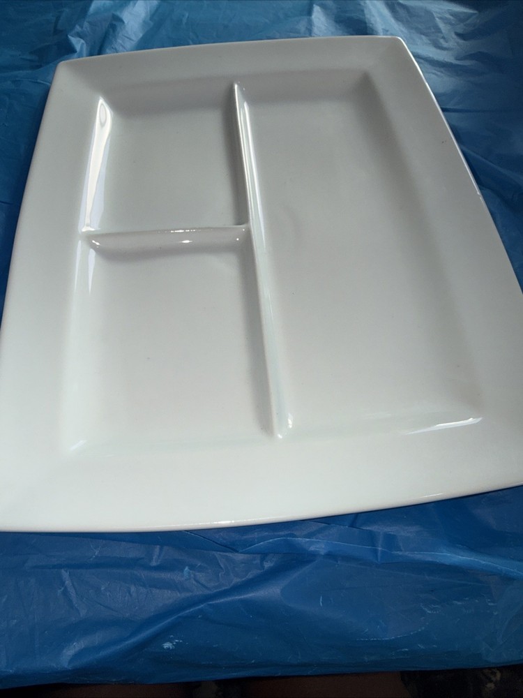 Large White Rectangular 3 Sec Platter 14” Ceramic Tray Modern Minimalist