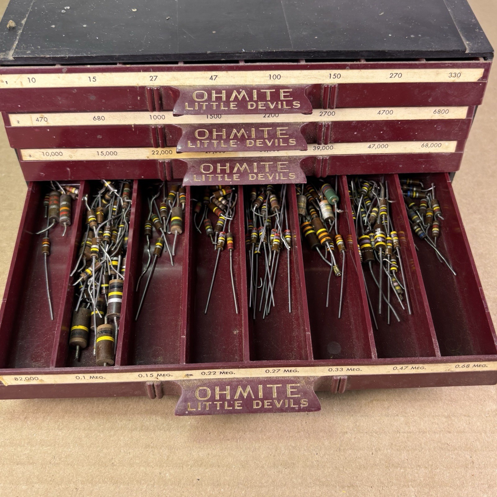 MASSIVE Lot of VTG NOS/USED Resistors w Ohmite Little Devils Storage Bin 9x5x4"