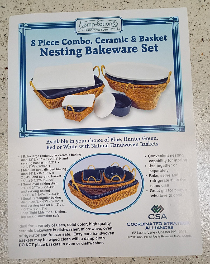 temp-tations 8 Piece Combo, Ceramic & Basket Nesting Bakeware Set, lids (new)