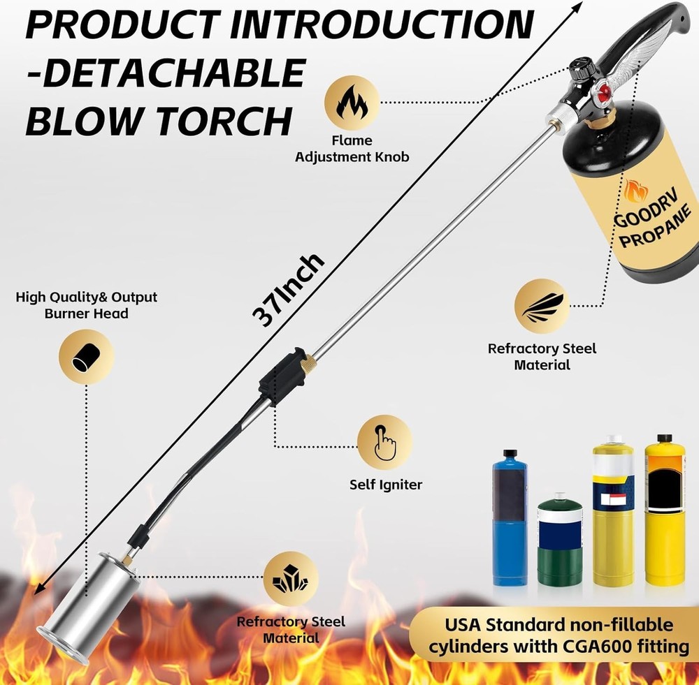 Extended Weed Torch Flamethrower for Garden Use with Adjustable Flame Control