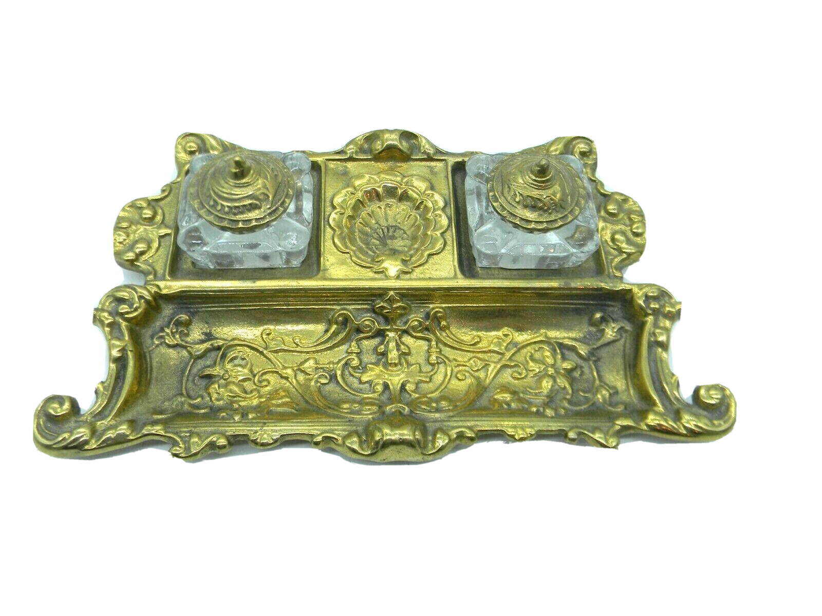 Antique Victorian Brass Desk Inkwell Pen rest Double Glass wells