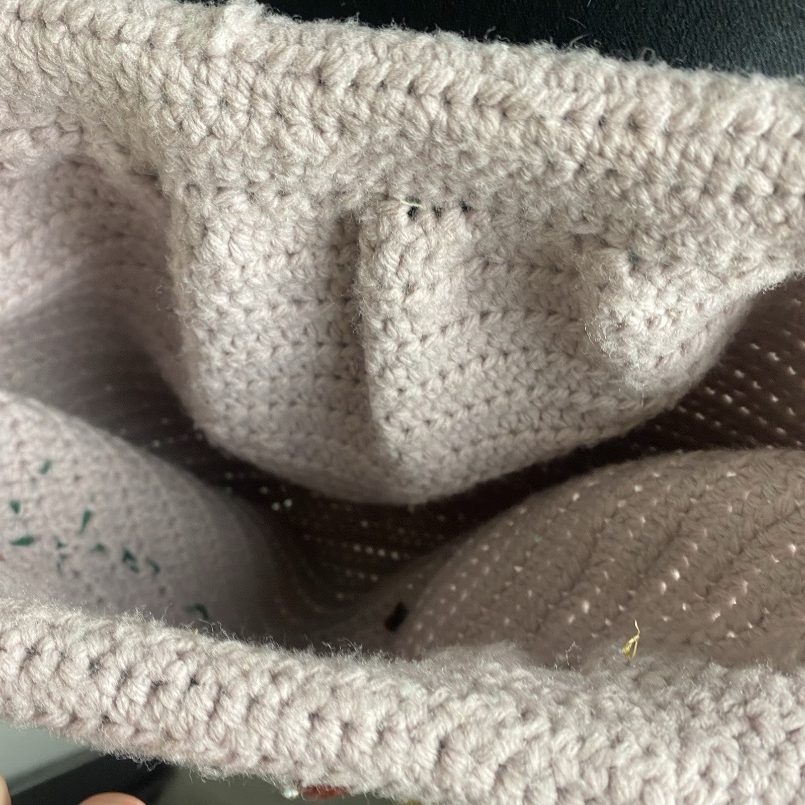 Vintage Handmade Pale Purple Crochet Bag w/ Floral Design 16”x12”