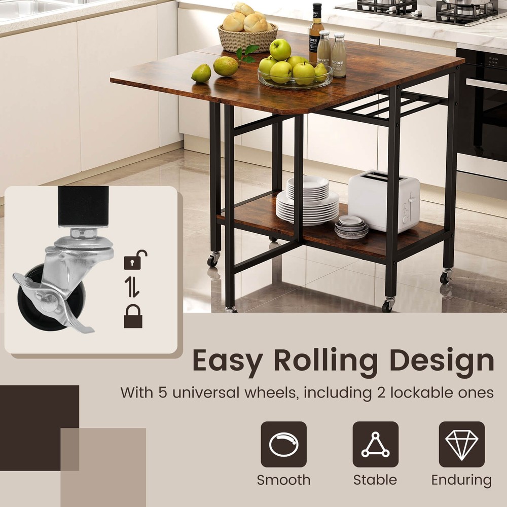 Folding Dining Table Movable Kitchen Table with Wine Rack Storage Shelf & Wheels