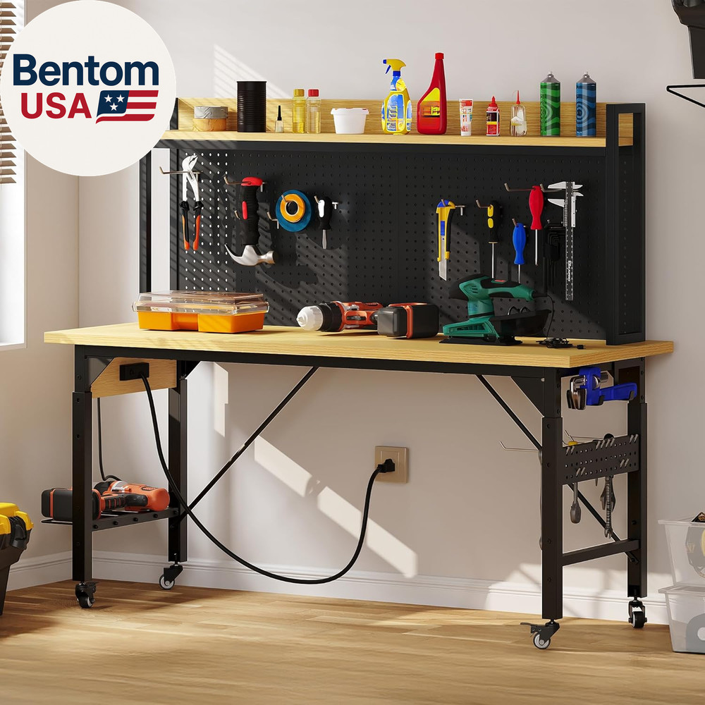 Rolling Workbench Adjustable Garage Table with Pegboard
