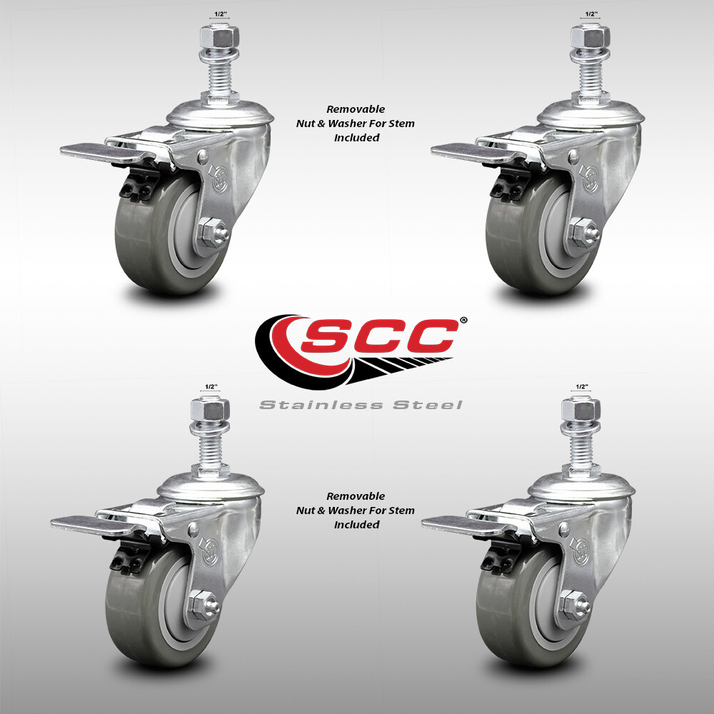 3.5 Inch SS Gray Polyurethane ½ Inch Threaded Stem Caster Set Total Lock Brake