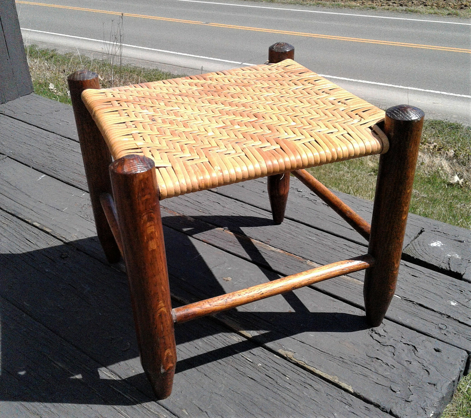 Antique Oak Foot Stool with Hand Woven Seat 1900s Era