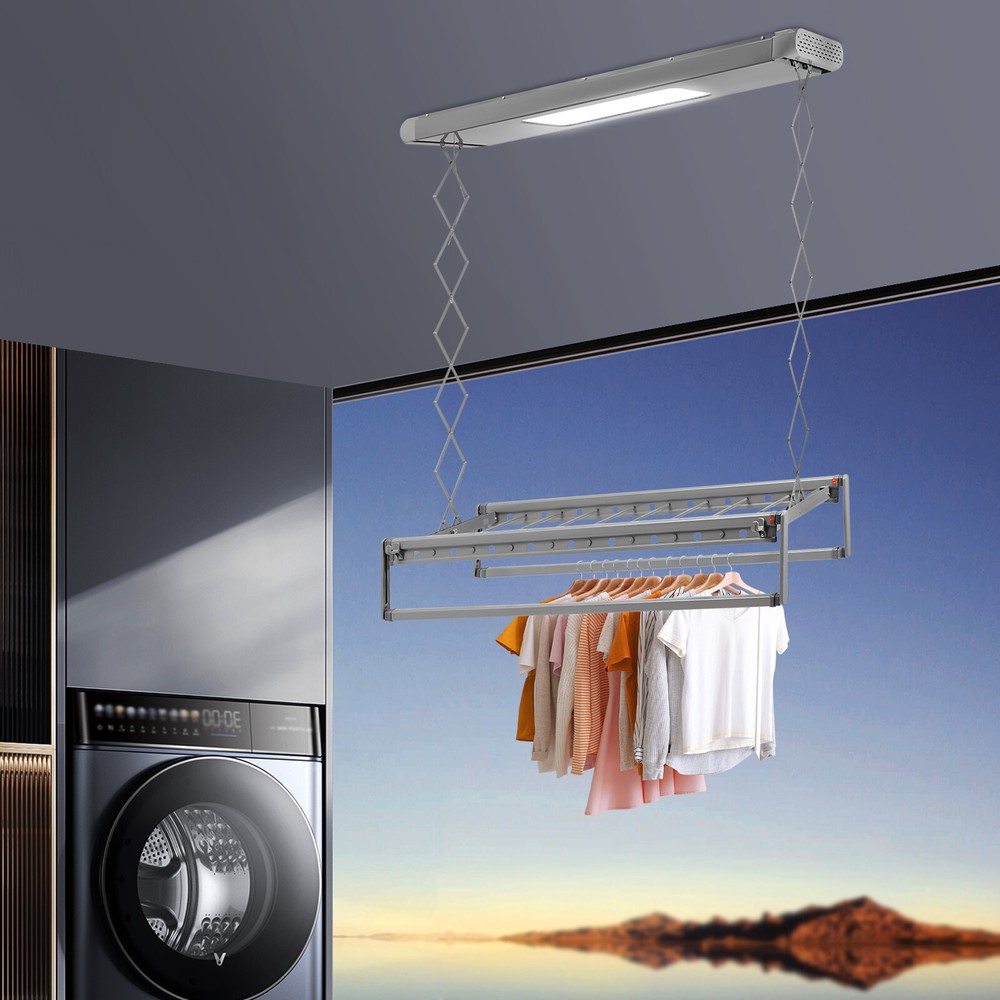 8 Rods Ceiling-mounted Clothesline Resealable Vertical Drying Rack w/Led Light