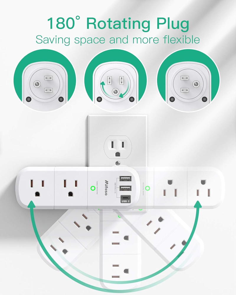 Outlet Extender with Rotating Plug, Mifaso Surge Protector 6 AC Multi Plug Wall
