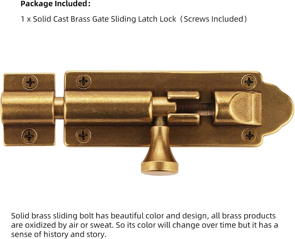 Solid Cast Brass Barrel Bolt, Antique Door Slide Latch Lock, Bronze