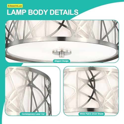 3-Light Semi Flush Mount Ceiling Light, 12.6" Drum Light with Brushed Nickel