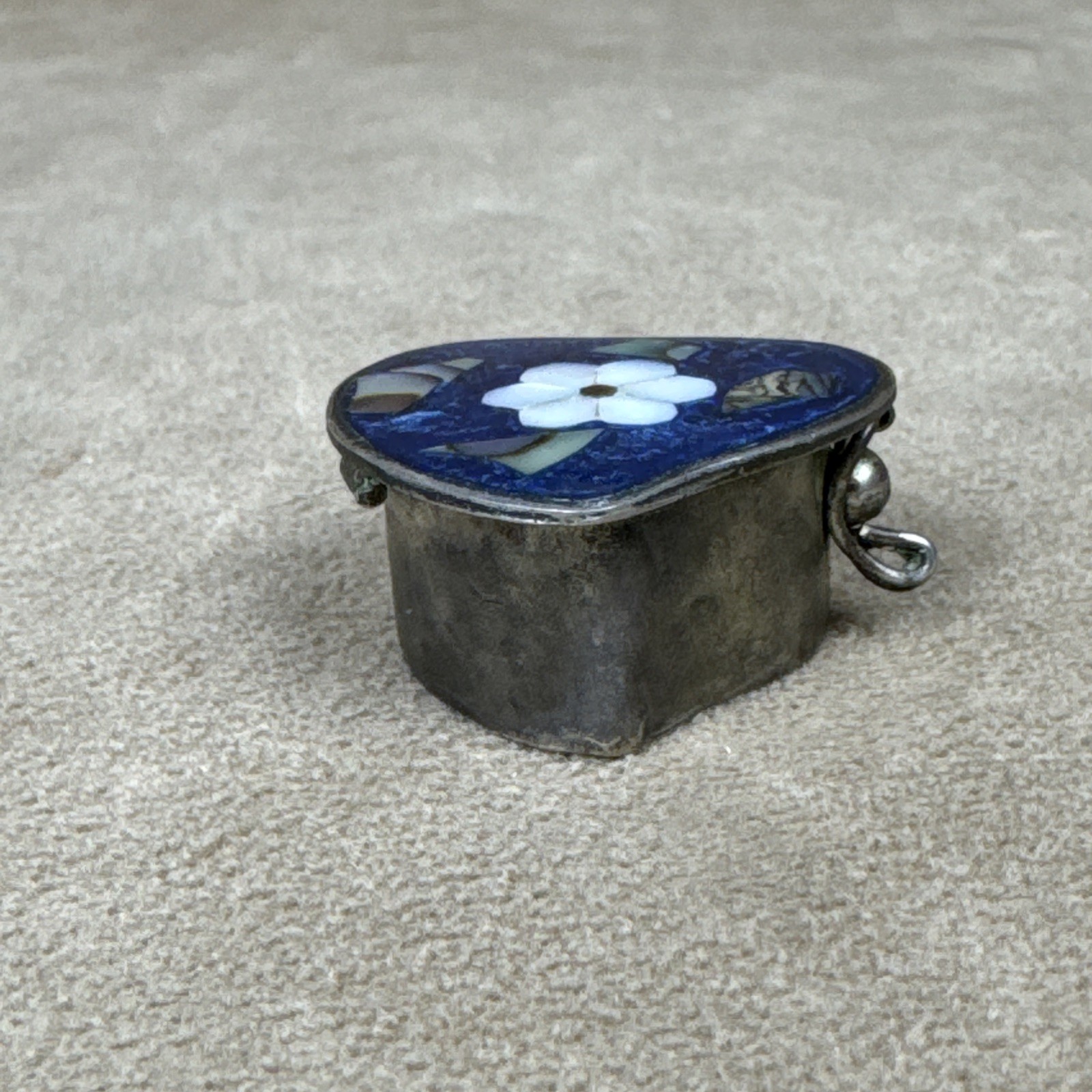 VTG Alpaca Mexico Silver Abalone Shell Inlay Pill Box Trinket-Flower Heart Daisy