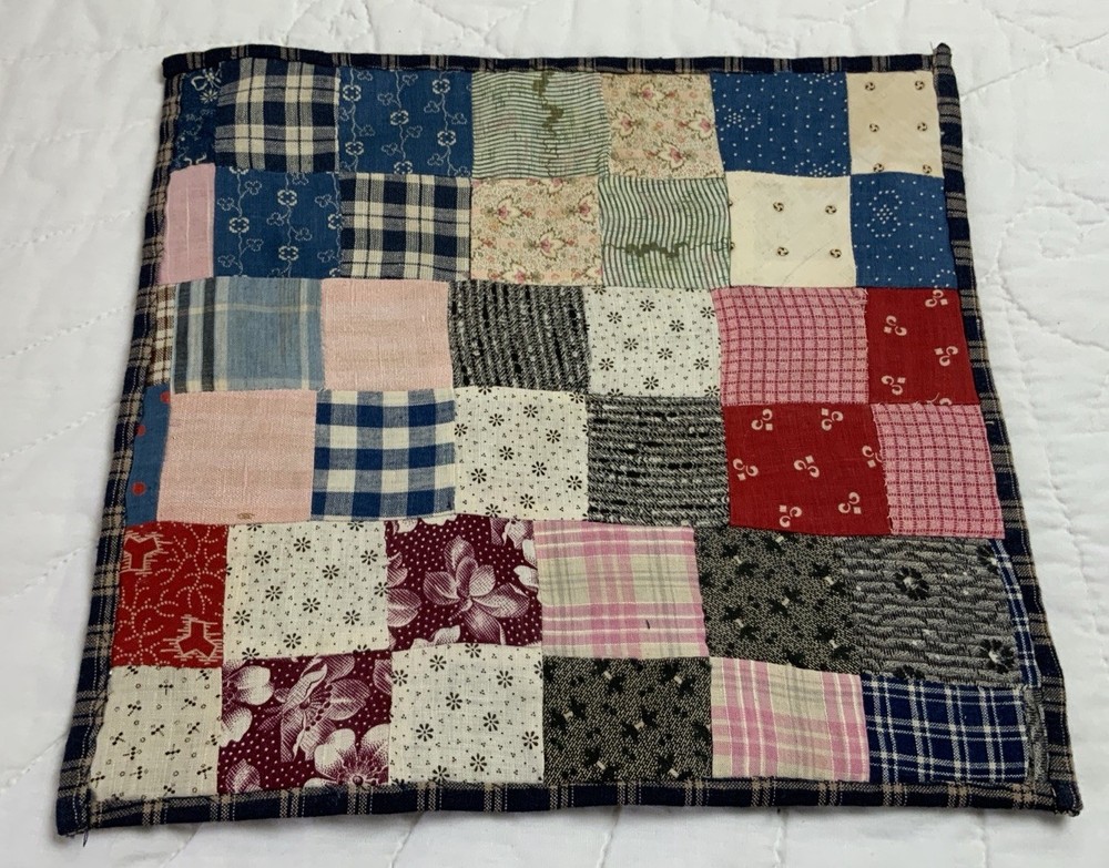 Antique Patchwork Quilt Table Topper, Rectangle, Four Patch, Early Calico Prints