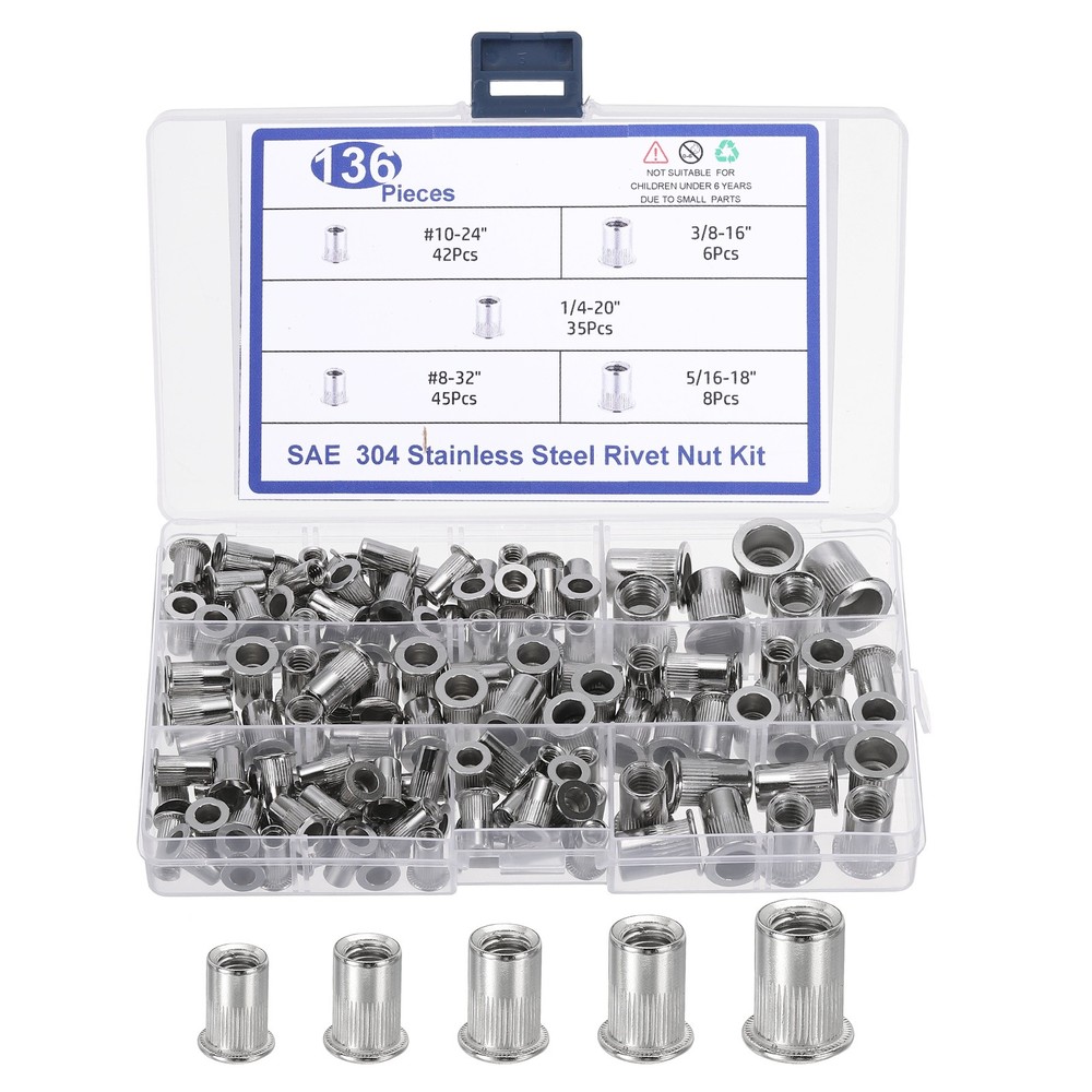 136Pcs Rivet Nut, 304 Stainless Steel SAE Thread Rivet Nut Assortment, Silver