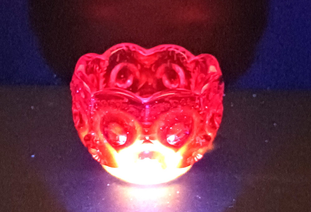 Vintage Amberina L.E. Smith Ruby Red Moon & Stars Salt Cellar Glows Under UV