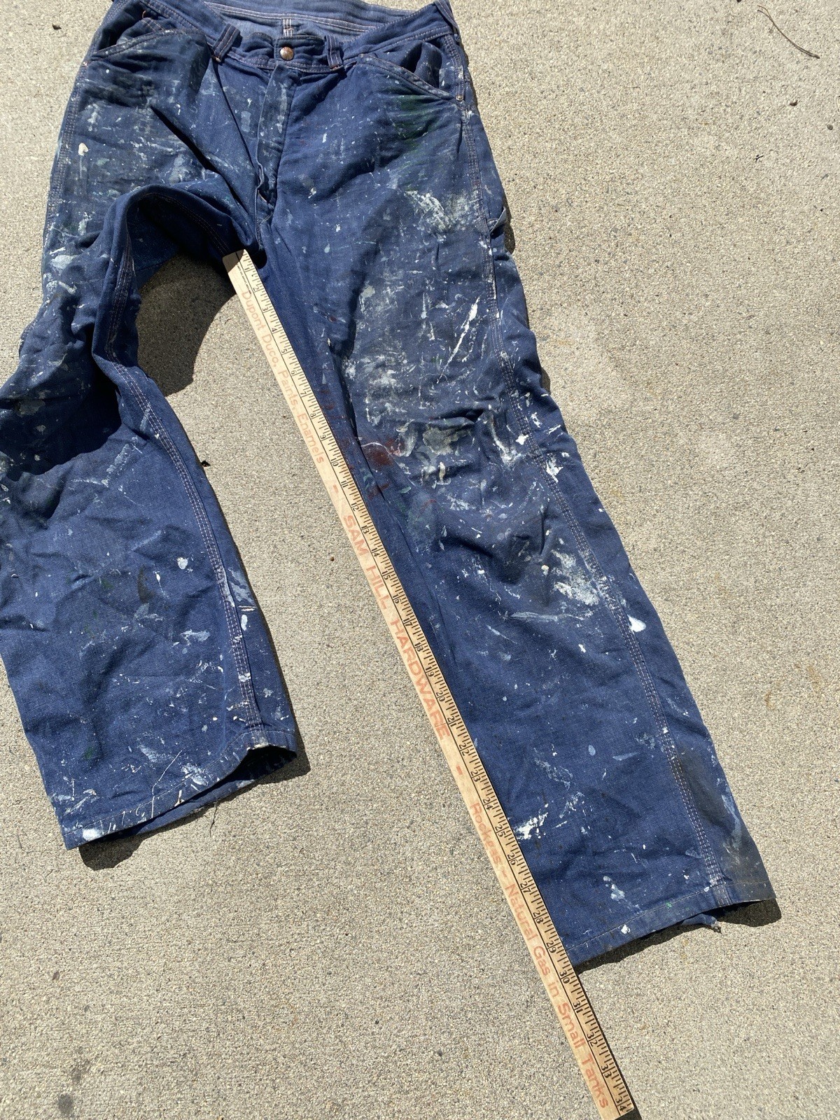Vintage 60s Paint Splatter Carpenter Pants BLue Thrashed Repaired 32x30 Workwear