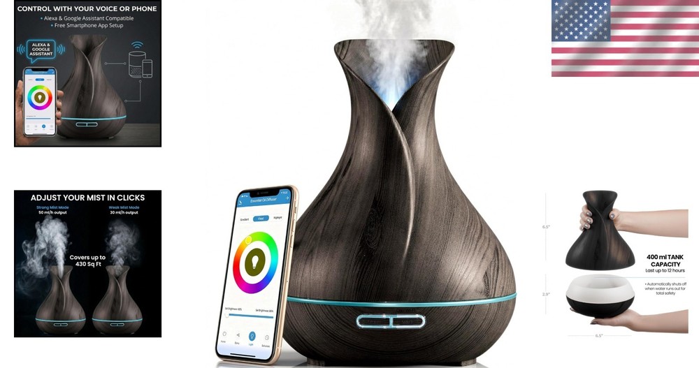 400ml Ultrasonic Smart Diffuser with App & Voice Control - Dark Brown Design
