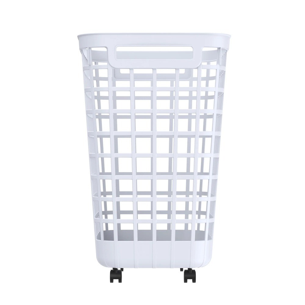 White Rolling Laundry Hamper with Wheels Easy-Clean Plastic Smooth-Glide