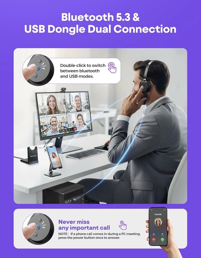 Rownfusny Wireless Headset with Mic for Work, Clear Sound ＆ Comfortable Compu...