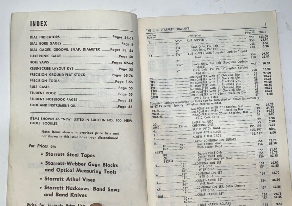 Starrett Precision Tools Price List, 1972