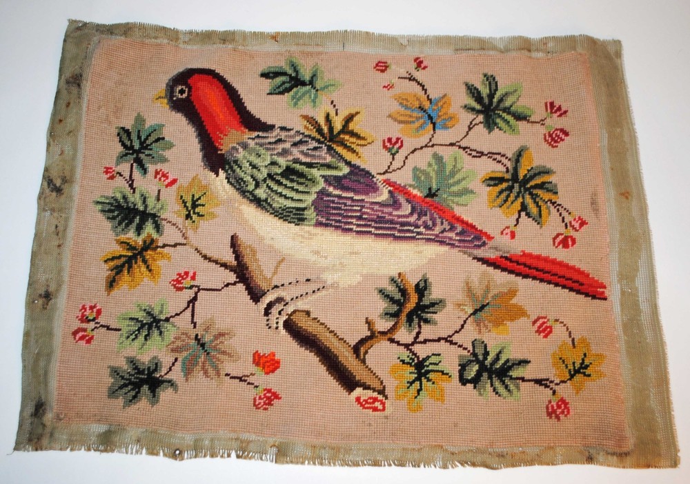 VINTAGE NEEDLEPOINT TAPESTRY PANEL, LARGE BIRD ON BRANCH