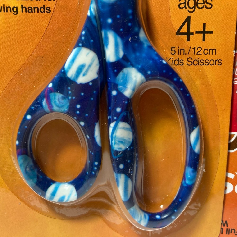 Fiskars Scissors 3 Pairs Pointed Tip Blue Space Planets Non Stick Coating 5"