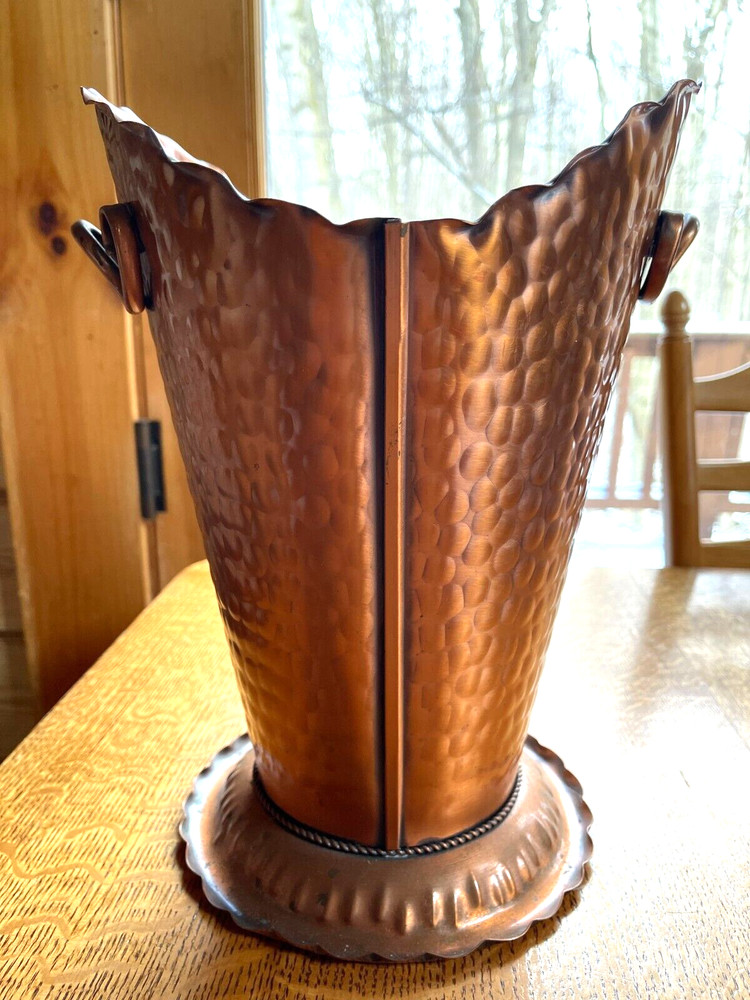 Gregorian Solid Hammered Copper Handled Pedestal Planter Pot, Vase, Umbrella