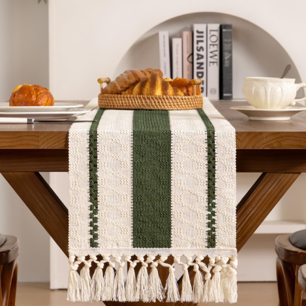 Santaben Olive Green & Ivory Winter Boho Macrame Table Runner Rustic Farmhouse W