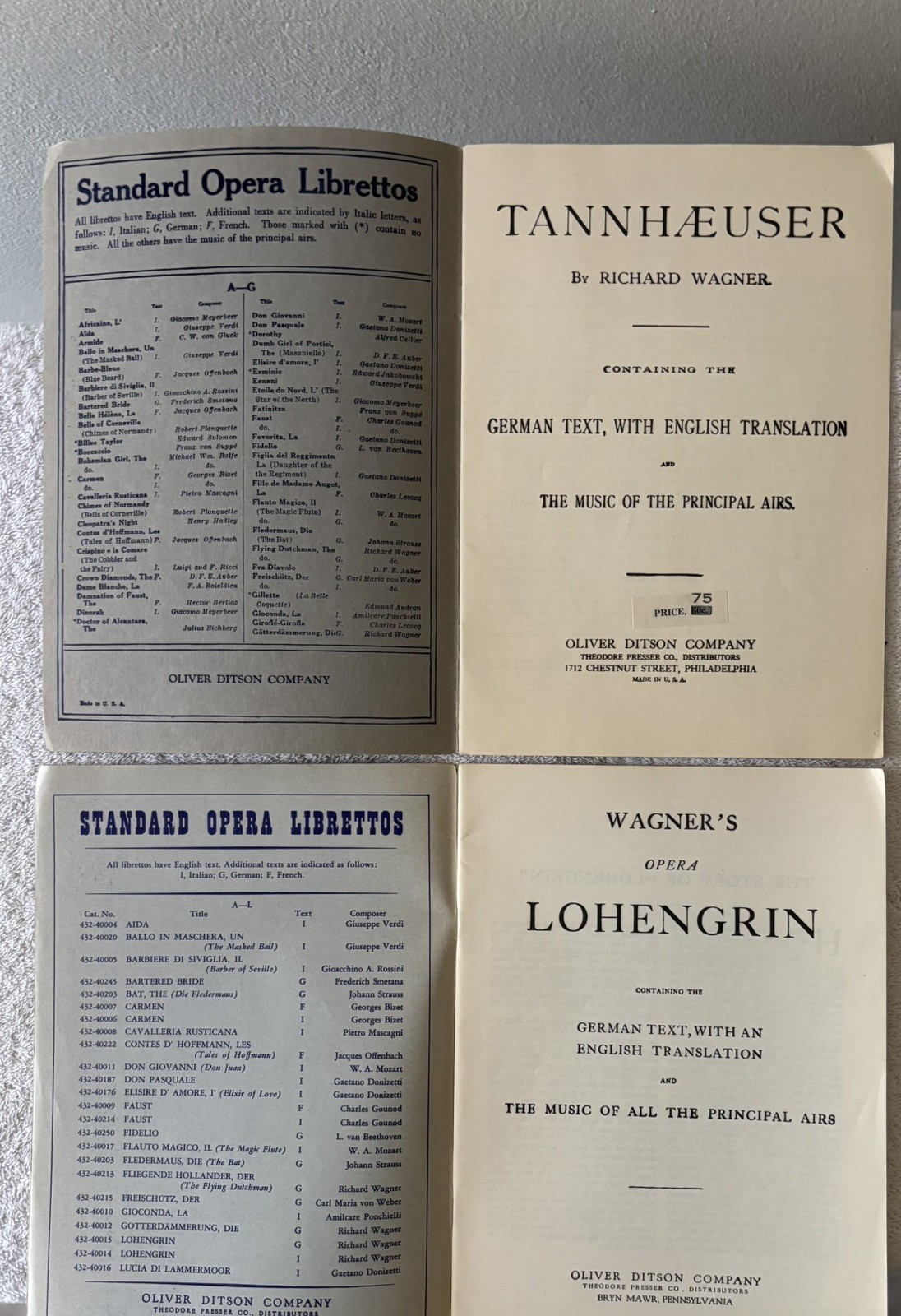 Lot of 2: GRAND OPERA LIBRETTOS, Lohengrin and Tannhauser, Oliver Ditson Co.