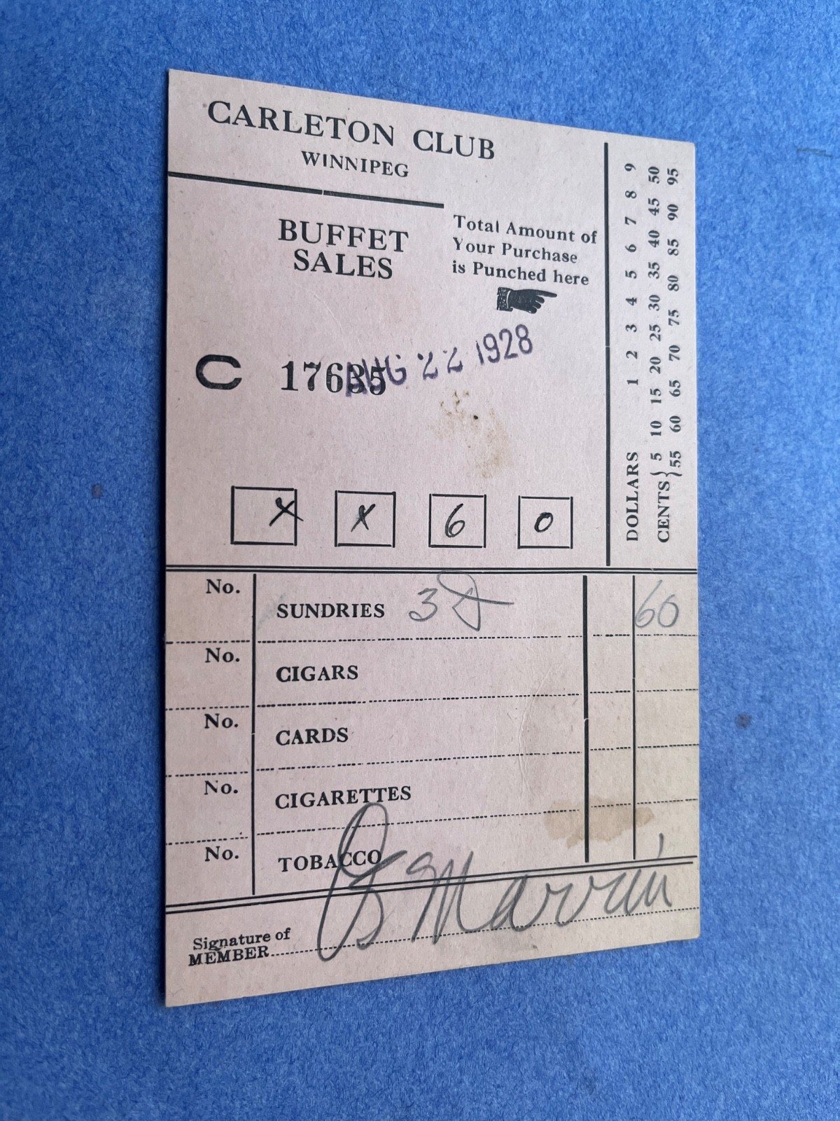 1928 WINNIPEG MANITOBA CANADA CARLETON CLUB BUFFET SALES CARD TOBACCO +! SIGNED