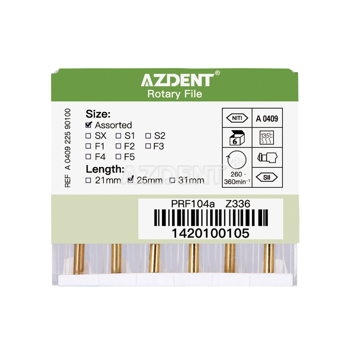 AZDENT Dental Endo Rotary Files Gold Taper NITI Endodontic Root Files SX-F3 25MM