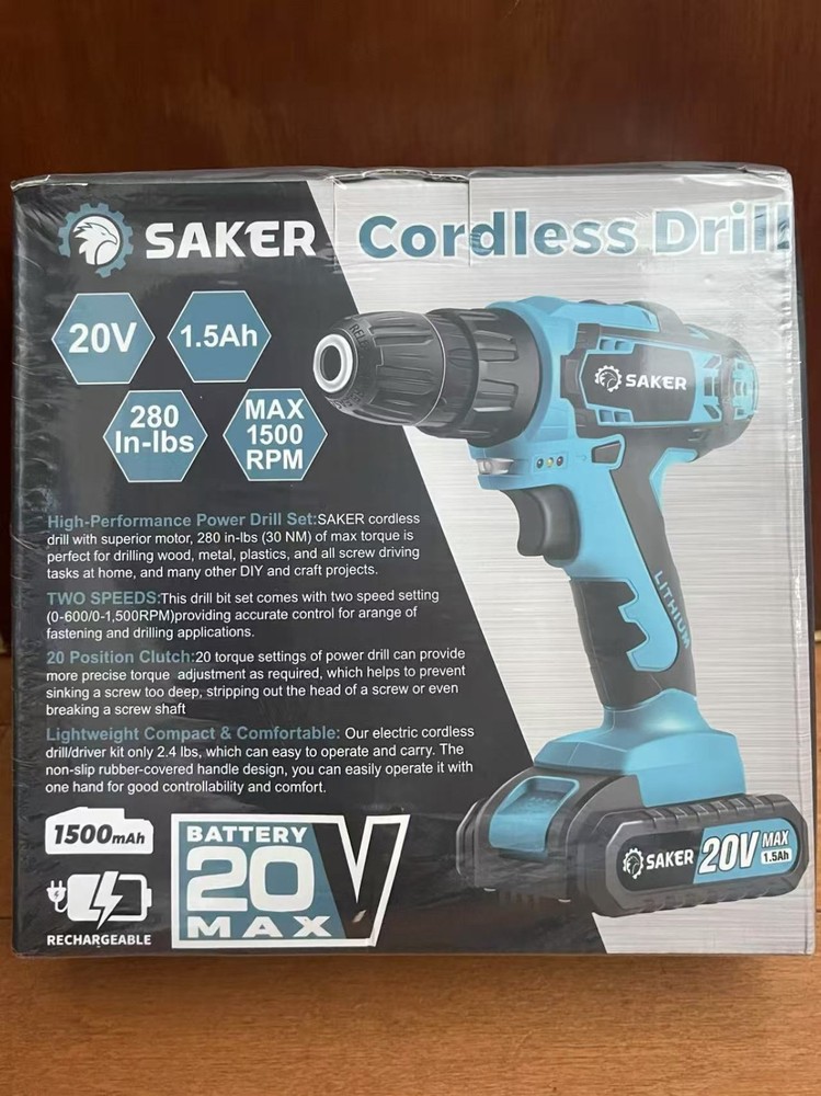 Saker Cordless Electric Drill Set High Performance 2 Variable Speeds 20V K2