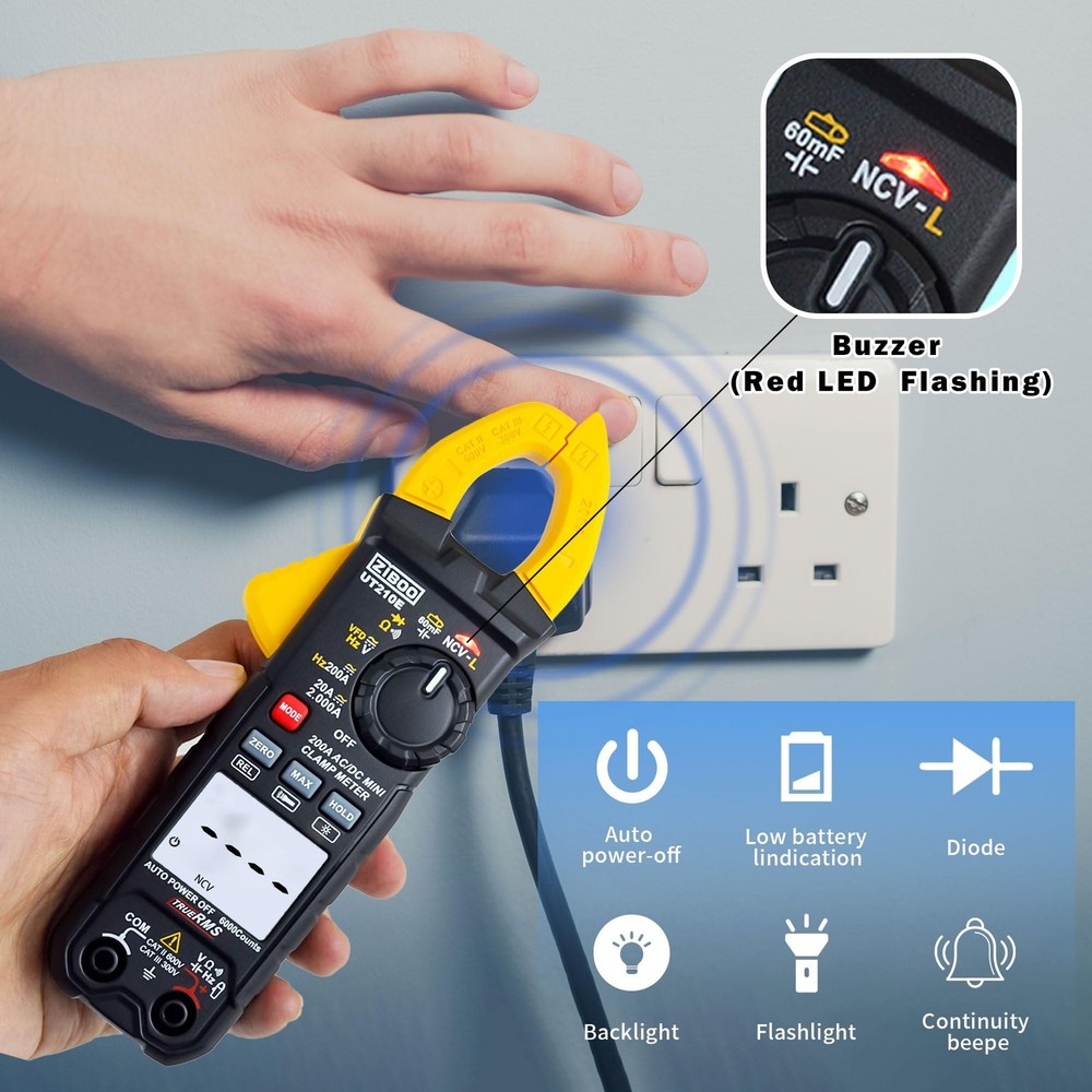 ZIBOO UT210E Mini Handheld Clamp Meter, True RMS AC/DC,6000 Counts Voltmeter ...