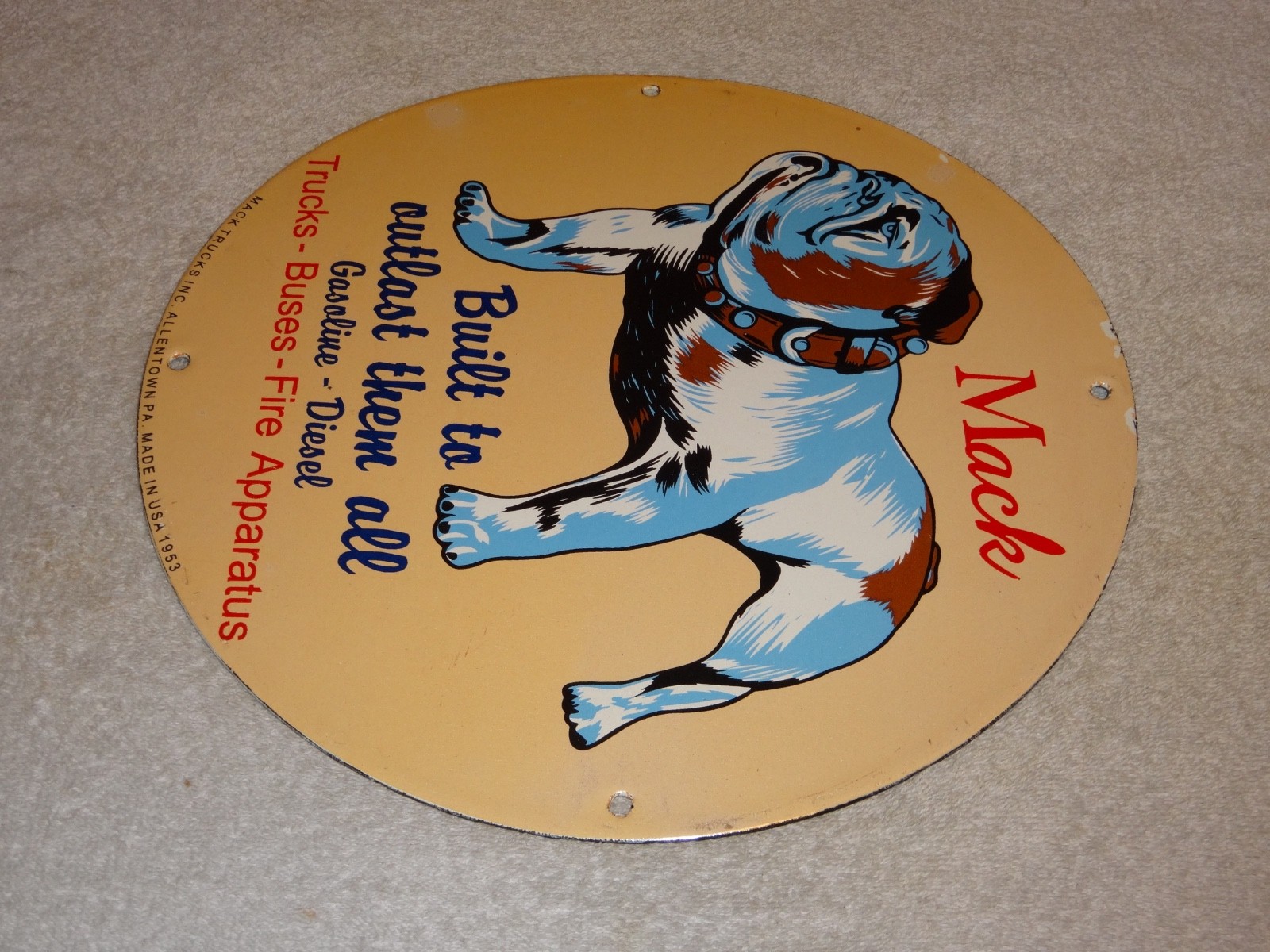 VINTAGE MACK🐶TRUCKS BUSES GASOLINE DIESEL 11 3/4" PORCELAIN METAL OIL DOG SIGN