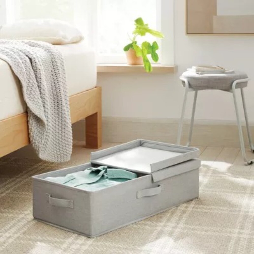 Underbed Fabric Bin with Lid Light Gray