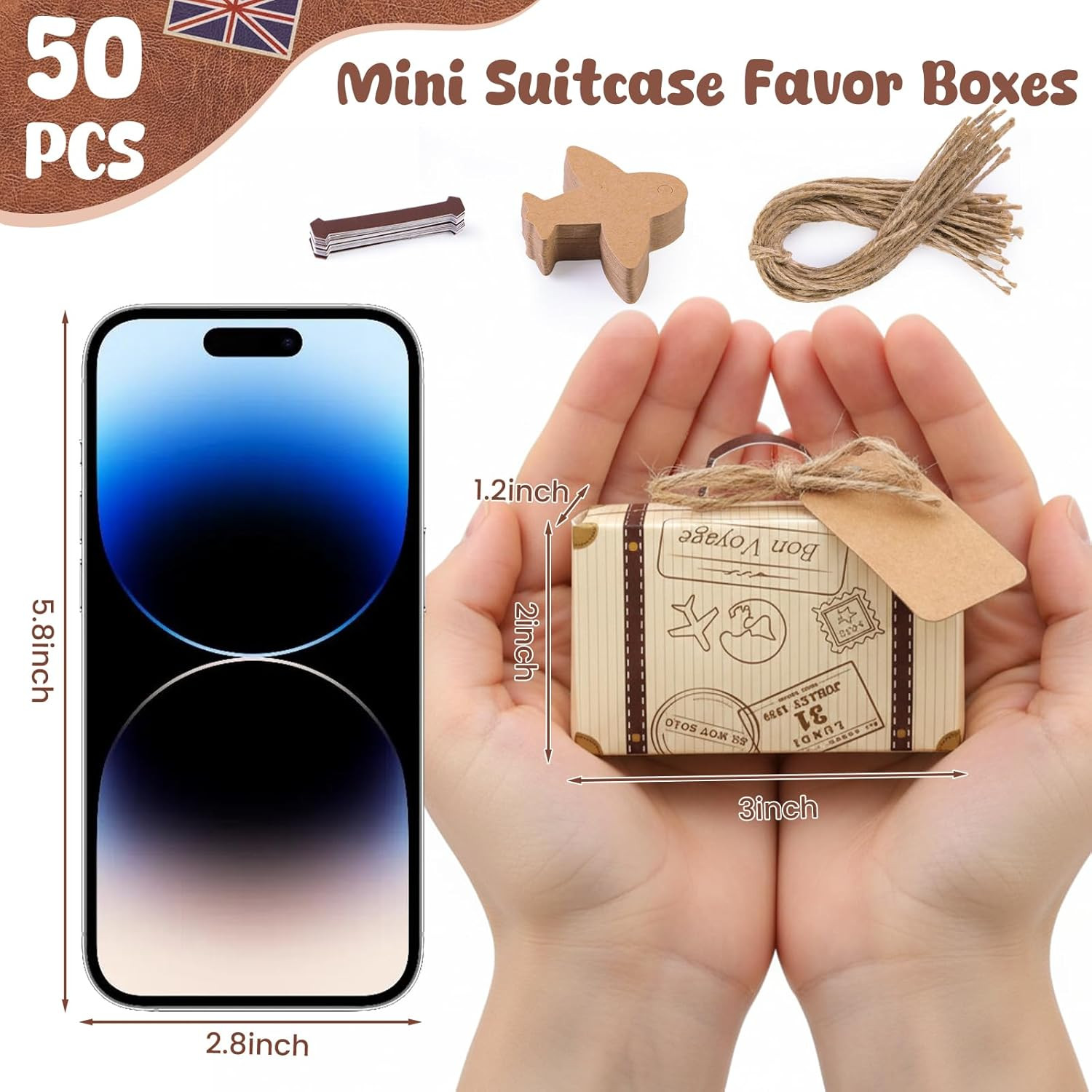 50PCS Mini Suitcase Party Favor Box, 3"x2"x1.2" Small Gift Box with Tags for Tra