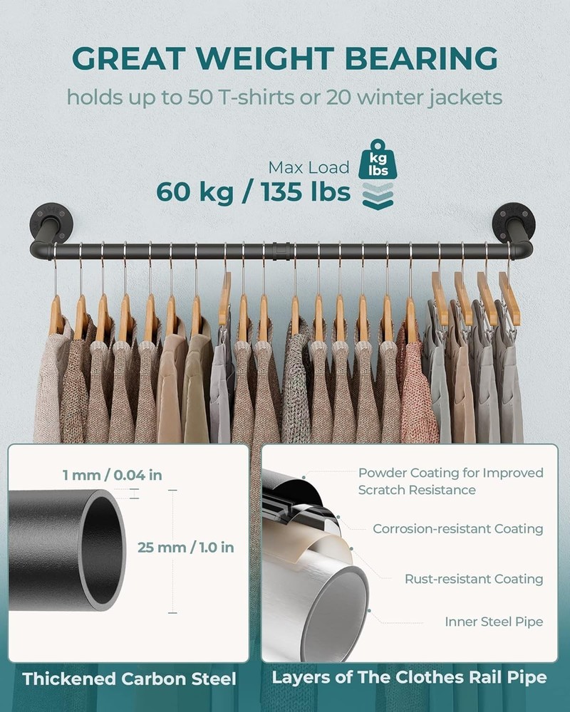 38.4-Inch Industrial Clothes Rack - Sturdy Wall-Mounted Storage Solution