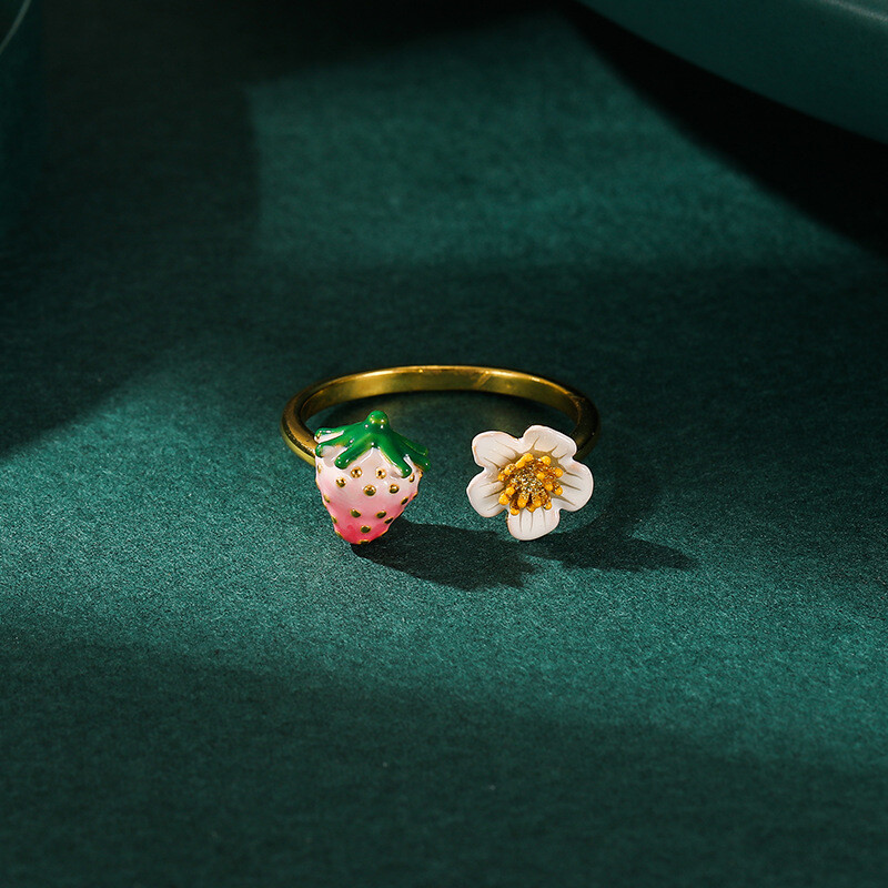 Original Design Pink Enamel Strawberry Flower Fruit Ring Size Adjustable