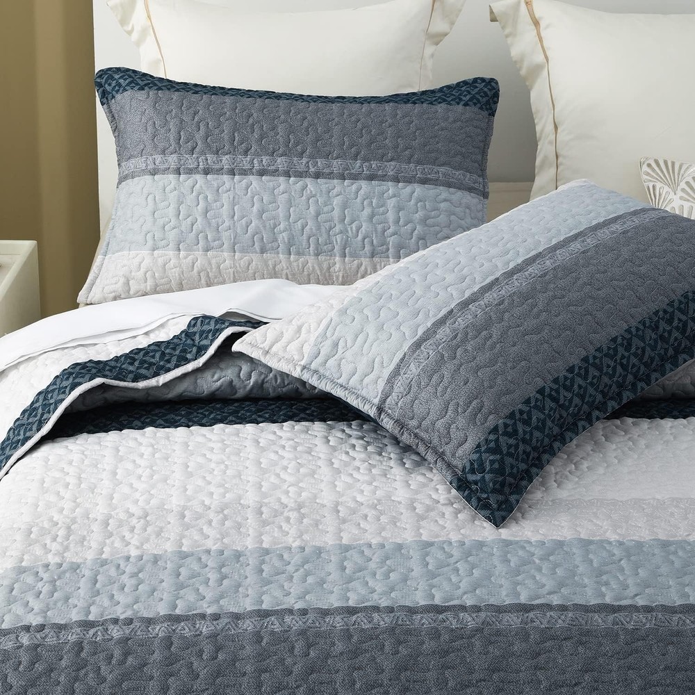 Striped Quilt Set King Size 3Pcs Blue & Navy Striped Patchwork Pattern All