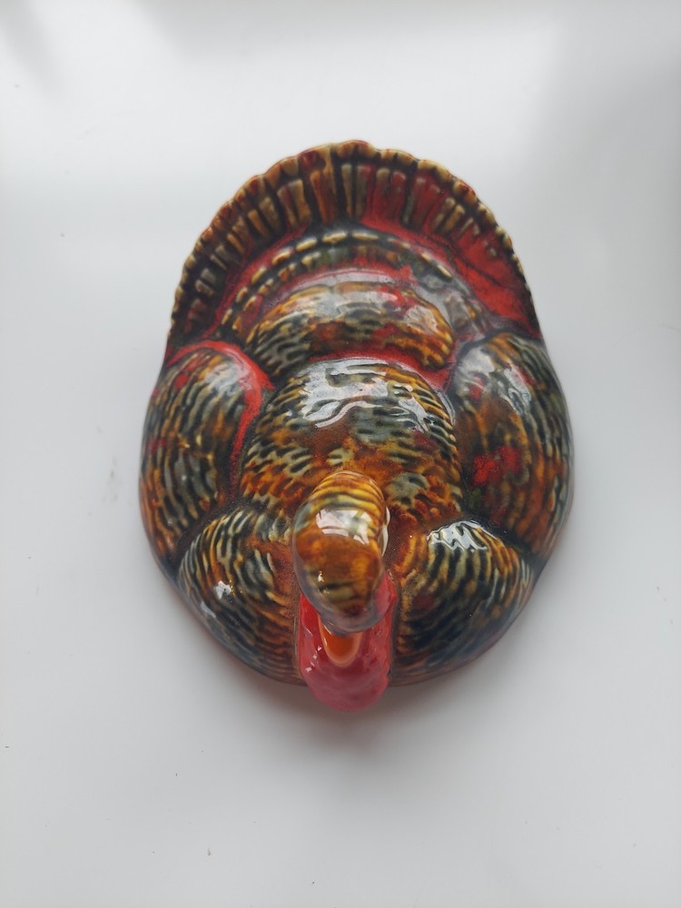 Vtg Ceramic Turkey Covered Candy Dish Signed Hand Painted