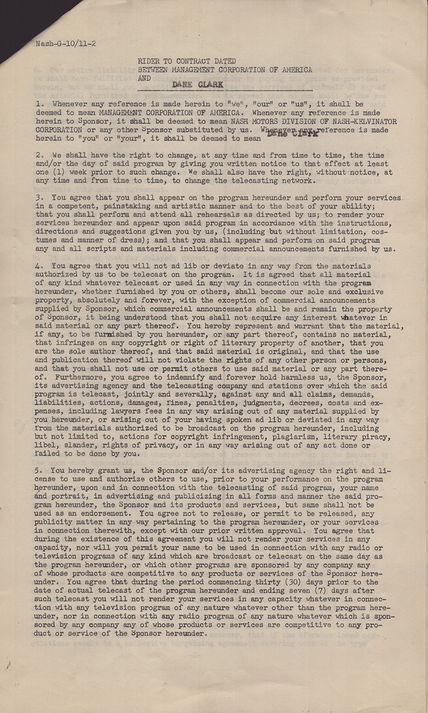 DANE CLARK - CONTRACT SIGNED 10/23/1950