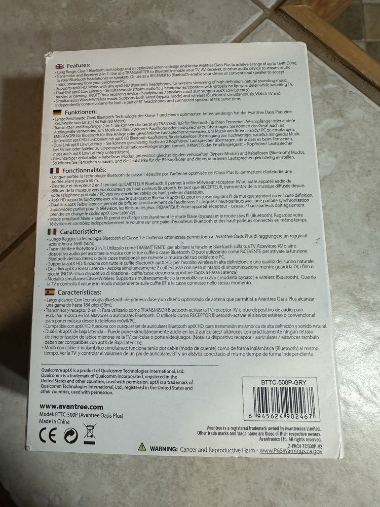 Avantree Oasis Plus Bluetooth Transmitter Receiver - BTTC-500P-GRY