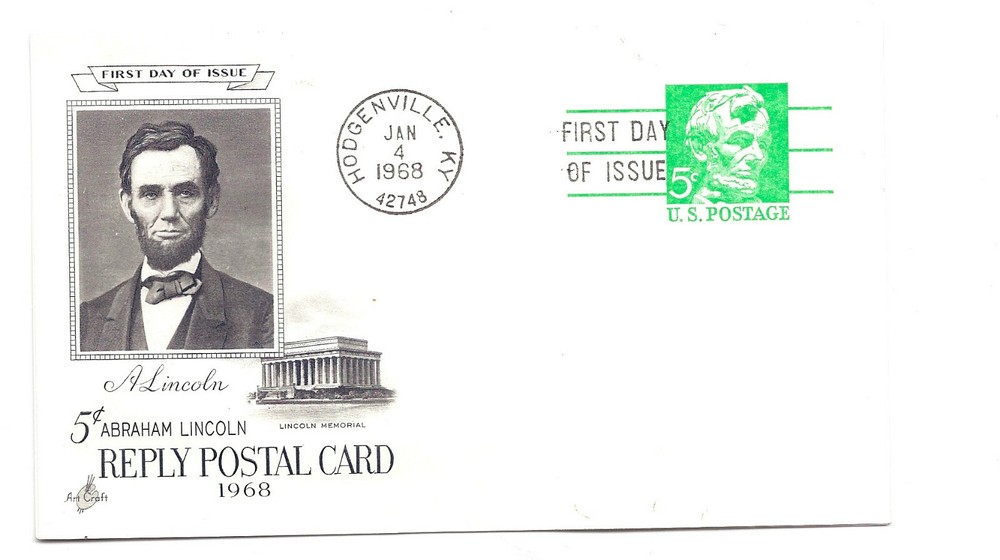 UY21 5c+5c Lincoln Reply Card ArtCraft FDC