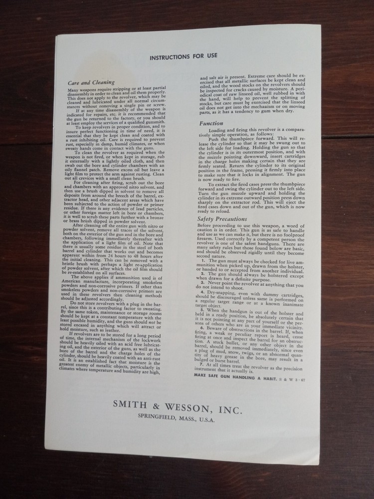 Smith & Wesson Original UNFOLDED Instructions Mod 40 CENTENNIAL RARE