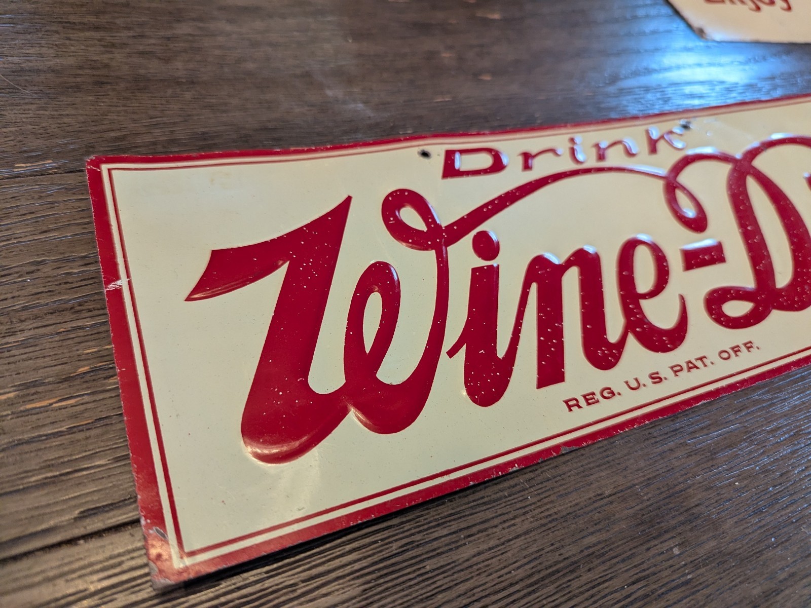 SUPER RARE WINE - DIP PROHIBITION ERA COLA TIN TACKER STRIP SIGN EMBOSSED CROWN