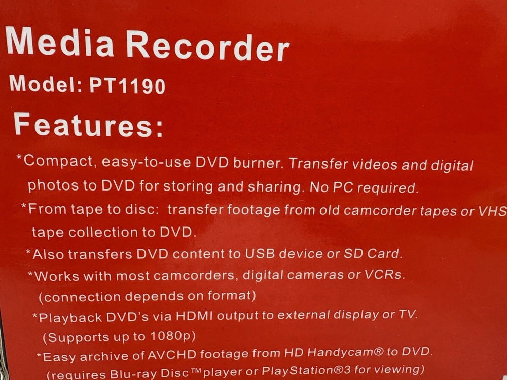 PROTIS Multi-function Media Recorder PT1190 DVD Recorder / Player HDMI USB. NEW