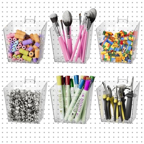 Large Pegboard Cups Peg Board Storage Bin 6 Pack with Hooks, Square Box Clear