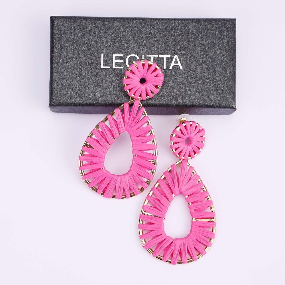 Raffia Teardrop Dangle Earrings Handmad Statement Drop Earrings Hot Pink