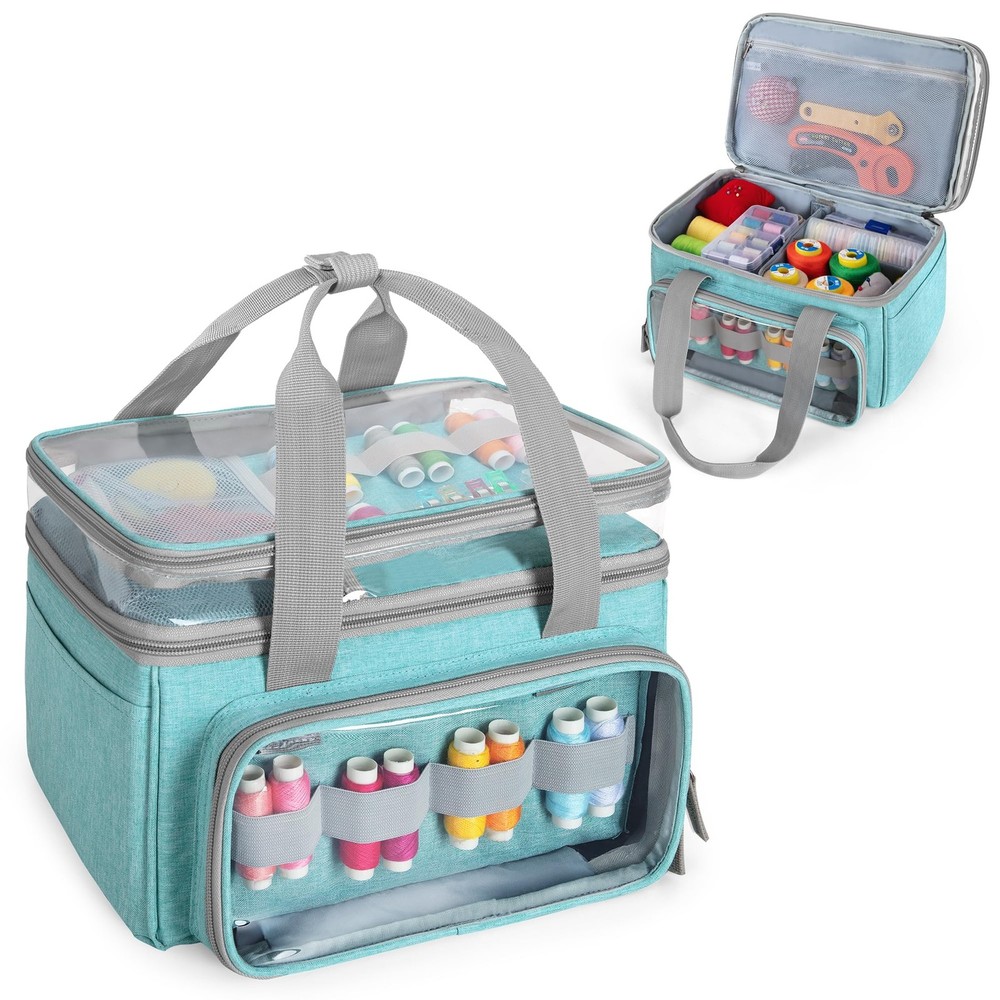 Double Layer Sewing Storage Organizer Transparent Compartment Bag Only Blue